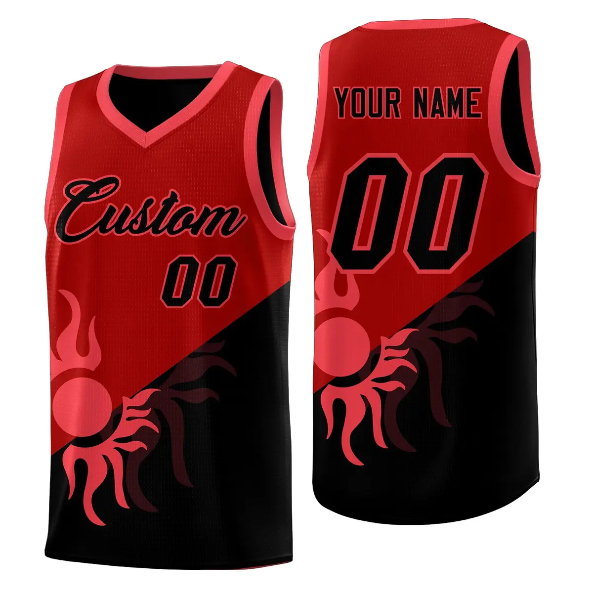 Red Black Sunburst Two Tone Basketball Jersey
