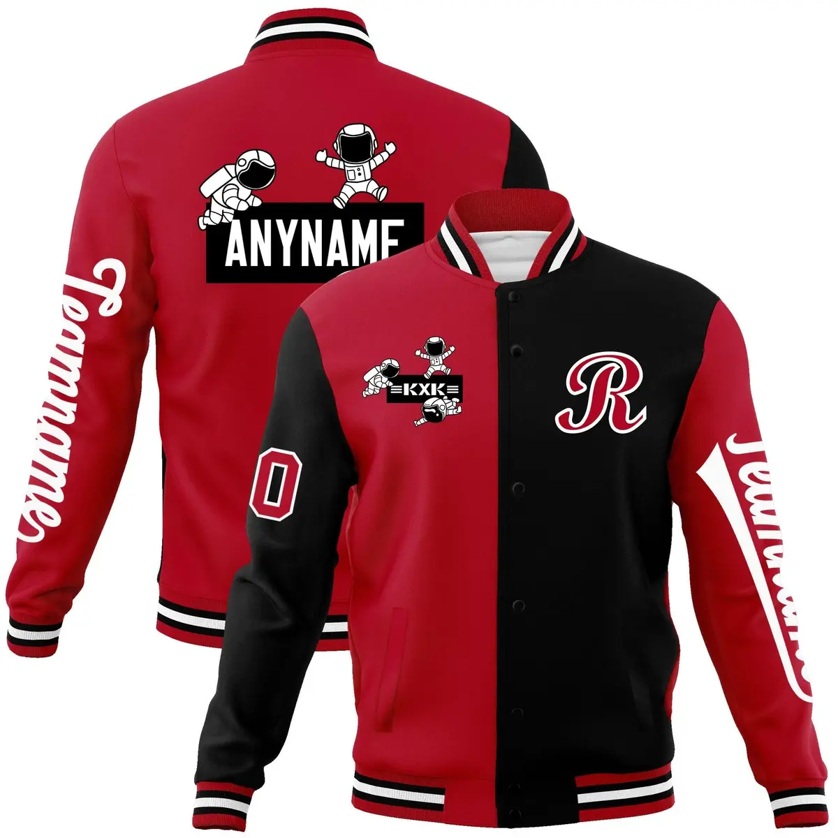 Red Black Two Tone Split Raglan Sleeves Varsity Full-Snap Letterman Jacket
