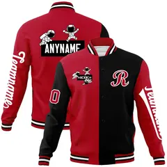 Red Black Two Tone Split Raglan Sleeves Varsity Full-Snap Letterman Jacket