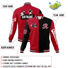 Red Black Two Tone Split Raglan Sleeves Varsity Full-Snap Letterman Jacket 4