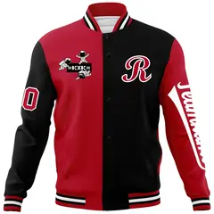 Red Black Two Tone Split Raglan Sleeves Varsity Full-Snap Letterman Jacket 5