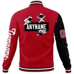 Red Black Two Tone Split Raglan Sleeves Varsity Full-Snap Letterman Jacket 6