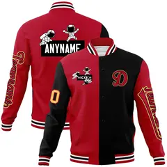 Red Black Two Tone Split Raglan Sleeves Varsity Full-Snap Letterman Jacket