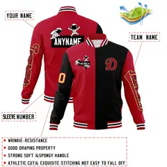 Red Black Two Tone Split Raglan Sleeves Varsity Full-Snap Letterman Jacket 4