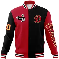 Red Black Two Tone Split Raglan Sleeves Varsity Full-Snap Letterman Jacket 5