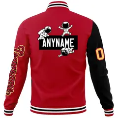 Red Black Two Tone Split Raglan Sleeves Varsity Full-Snap Letterman Jacket 6