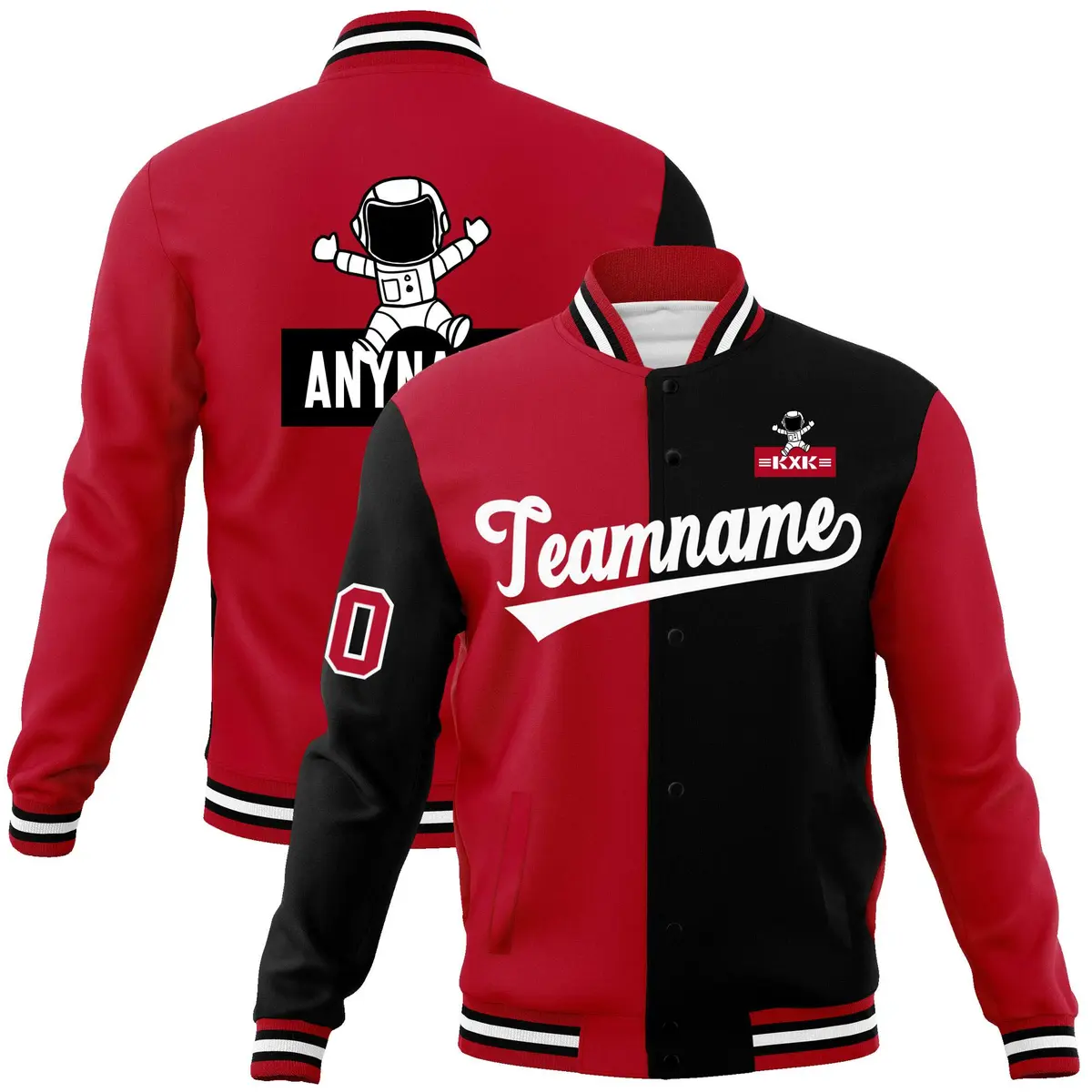 Red Black Two Tone Split Raglan Sleeves Varsity Full-Snap Letterman Jacket
