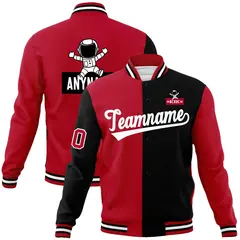 Red Black Two Tone Split Raglan Sleeves Varsity Full-Snap Letterman Jacket