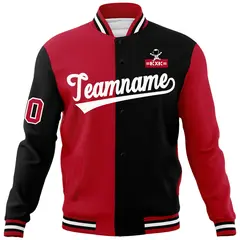 Red Black Two Tone Split Raglan Sleeves Varsity Full-Snap Letterman Jacket 5