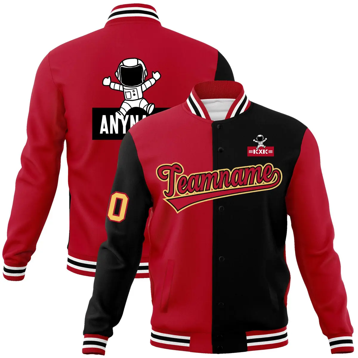 Red Black Two Tone Split Raglan Sleeves Varsity Full-Snap Letterman Jacket