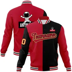 Red Black Two Tone Split Raglan Sleeves Varsity Full-Snap Letterman Jacket