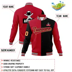 Red Black Two Tone Split Raglan Sleeves Varsity Full-Snap Letterman Jacket 4