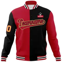 Red Black Two Tone Split Raglan Sleeves Varsity Full-Snap Letterman Jacket 5