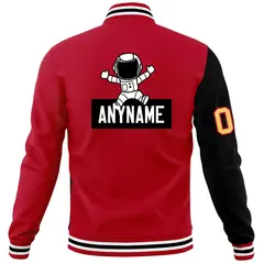 Red Black Two Tone Split Raglan Sleeves Varsity Full-Snap Letterman Jacket 6