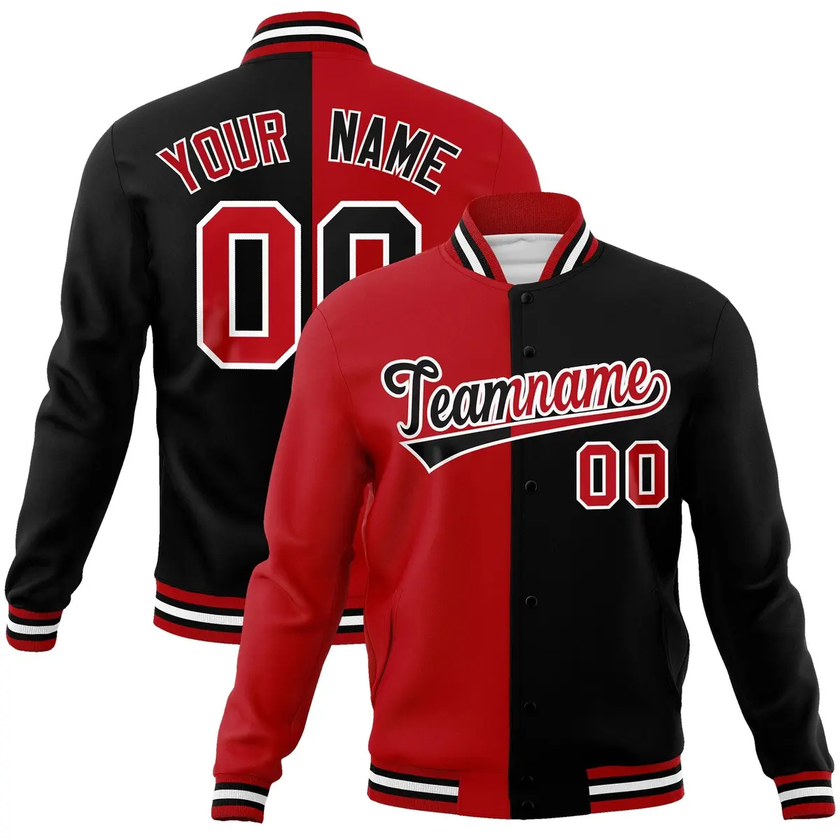 Red Black Two Tone Split Varsity Full-Snap Letterman Jacket
