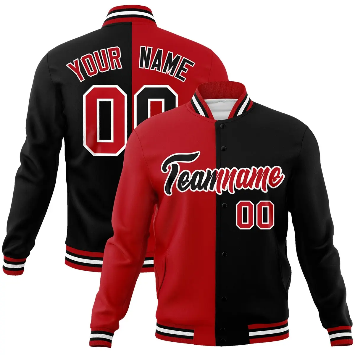 Red Black Two Tone Split Varsity Full-Snap Letterman Jacket