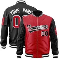 Red Black Two-Tone Varsity Full-Zip Letterman Bomber Jacket