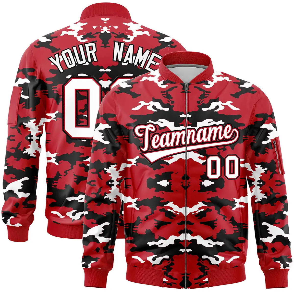 Red Black-White Camo Varsity Full-Zip Letterman Bomber Jacket