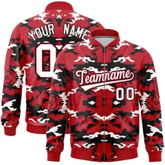 Red Black-White Camo Varsity Full-Zip Letterman Bomber Jacket
