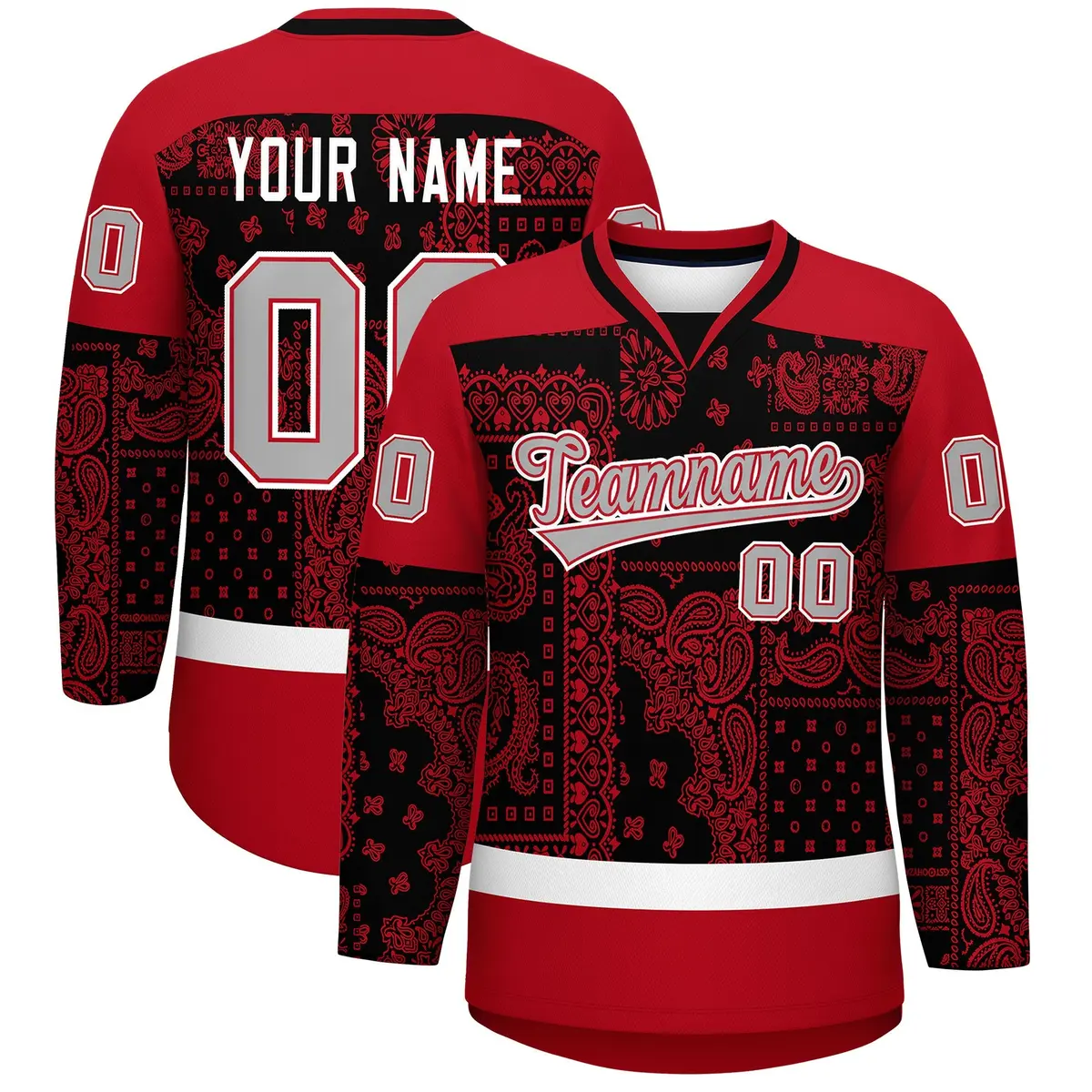 Red Black White Cashew Flower Graffiti V-Neck Hockey Jersey