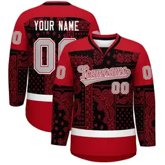 Red Black White Cashew Flower Graffiti V-Neck Hockey Jersey