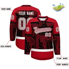 Red Black White Cashew Flower Graffiti V-Neck Hockey Jersey 2