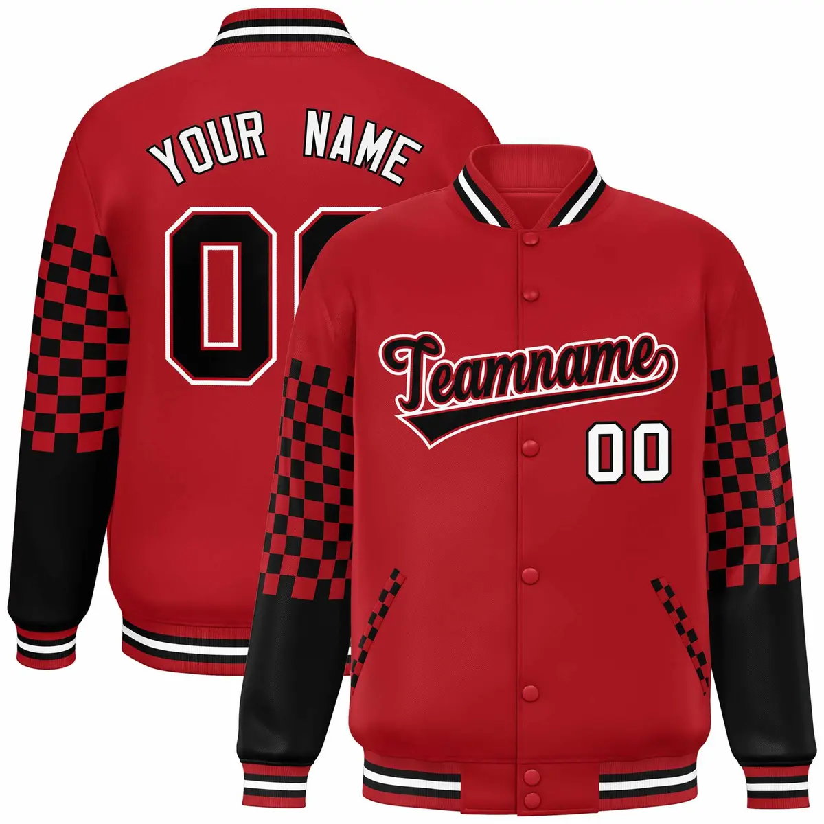 Red Black-White Checkered Color Block Varsity Bomber Jacket