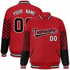 Red Black-White Checkered Color Block Varsity Bomber Jacket