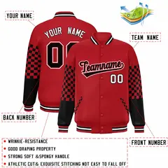Red Black-White Checkered Color Block Varsity Bomber Jacket 2