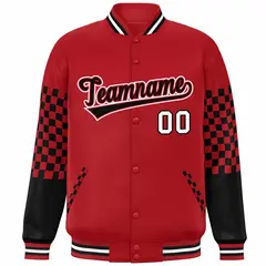 Red Black-White Checkered Color Block Varsity Bomber Jacket 3