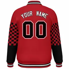 Red Black-White Checkered Color Block Varsity Bomber Jacket 4