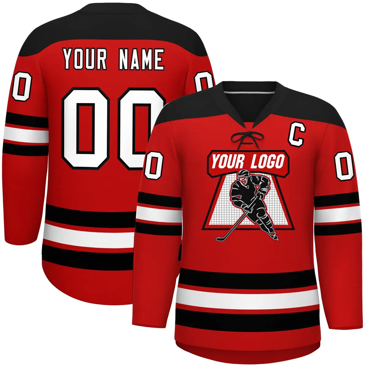 Red Black White Classic Lace-Up Neck Hockey Jersey