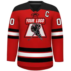 Red Black White Classic Lace-Up Neck Hockey Jersey 3