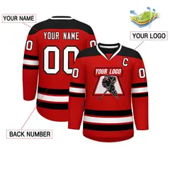 Red Black-White Classic V-Neck Hockey Jersey 2