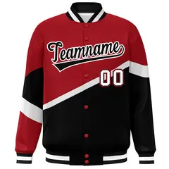 Red Black-White Color Block Varsity Baseball Bomber Jacket 3
