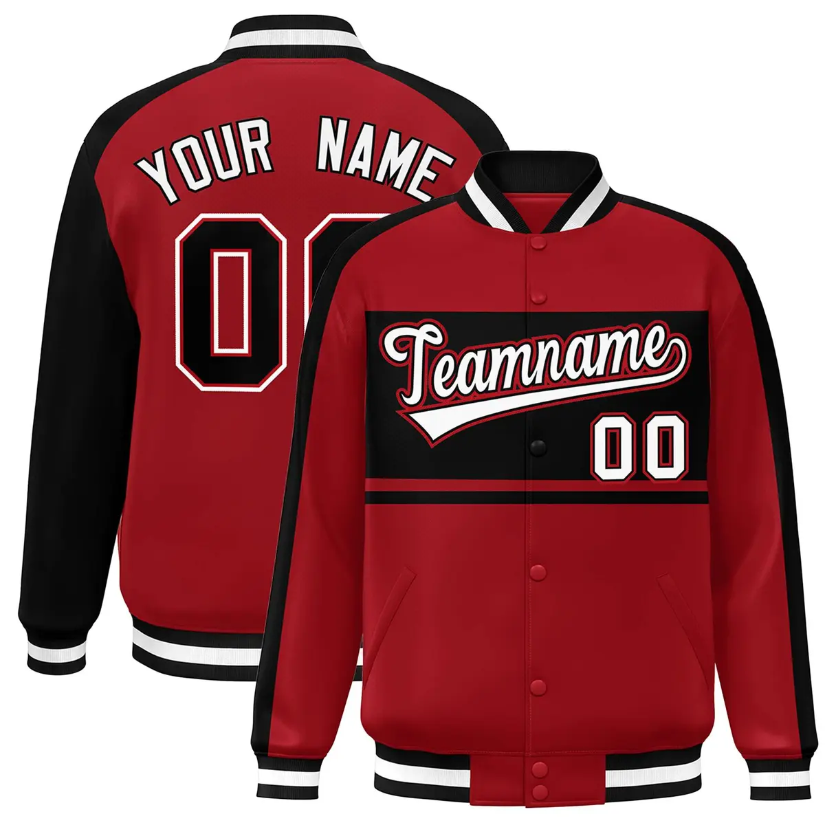Red Black-White Color Block Varsity Baseball Bomber Jacket