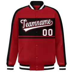 Red Black-White Color Block Varsity Baseball Bomber Jacket 3
