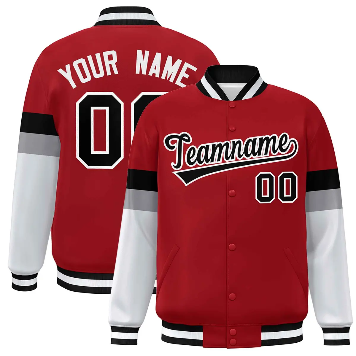 Red Black-White Color Block Varsity Full-Snap Baseball Jacket