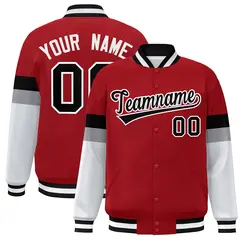 Red Black-White Color Block Varsity Full-Snap Baseball Jacket 1