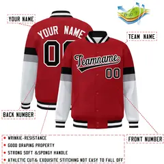 Red Black-White Color Block Varsity Full-Snap Baseball Jacket 2