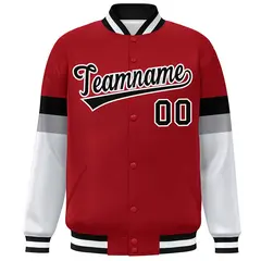 Red Black-White Color Block Varsity Full-Snap Baseball Jacket 3