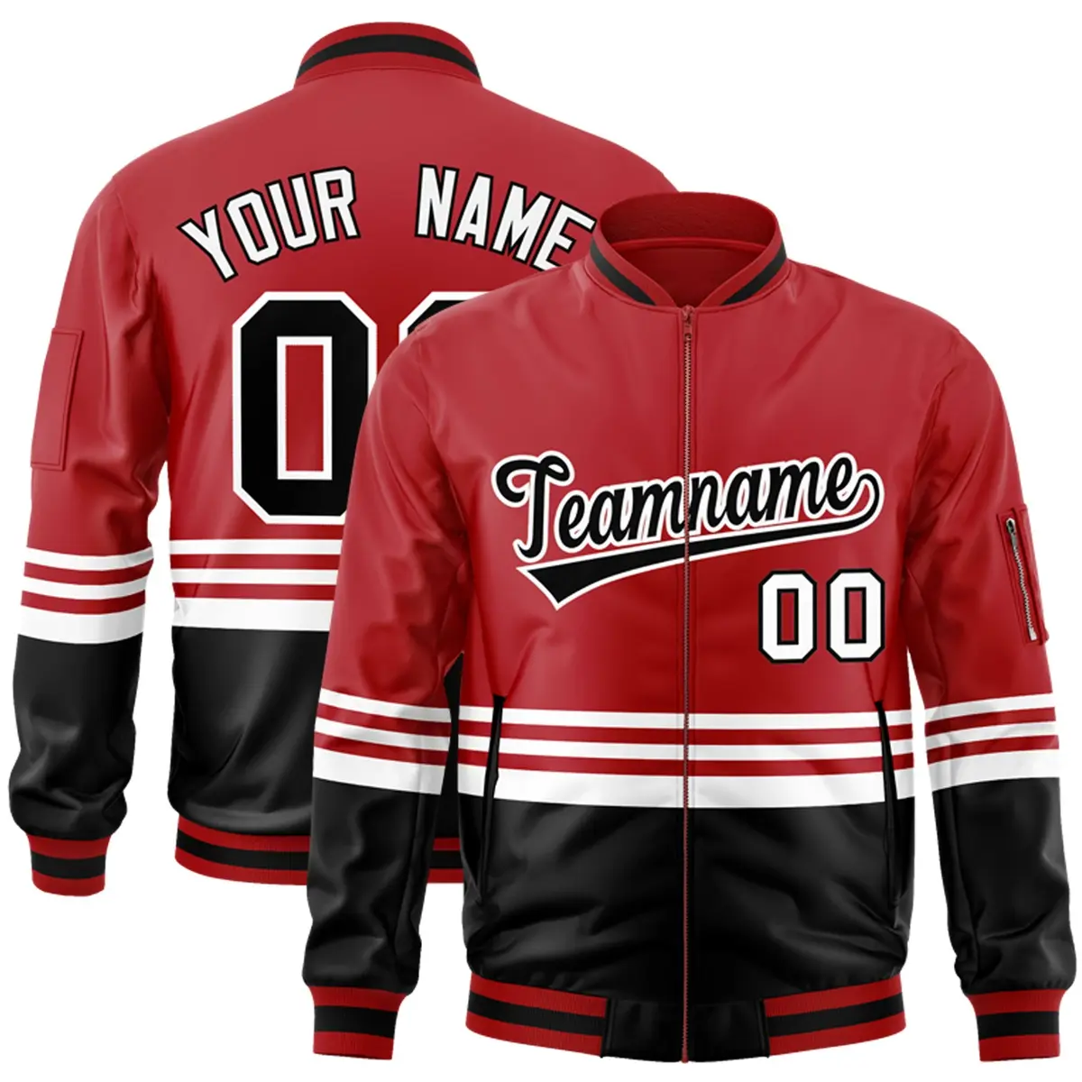 Red Black-White Color Block Varsity Letterman Bomber Jacket