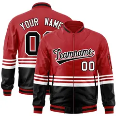 Red Black-White Color Block Varsity Letterman Bomber Jacket