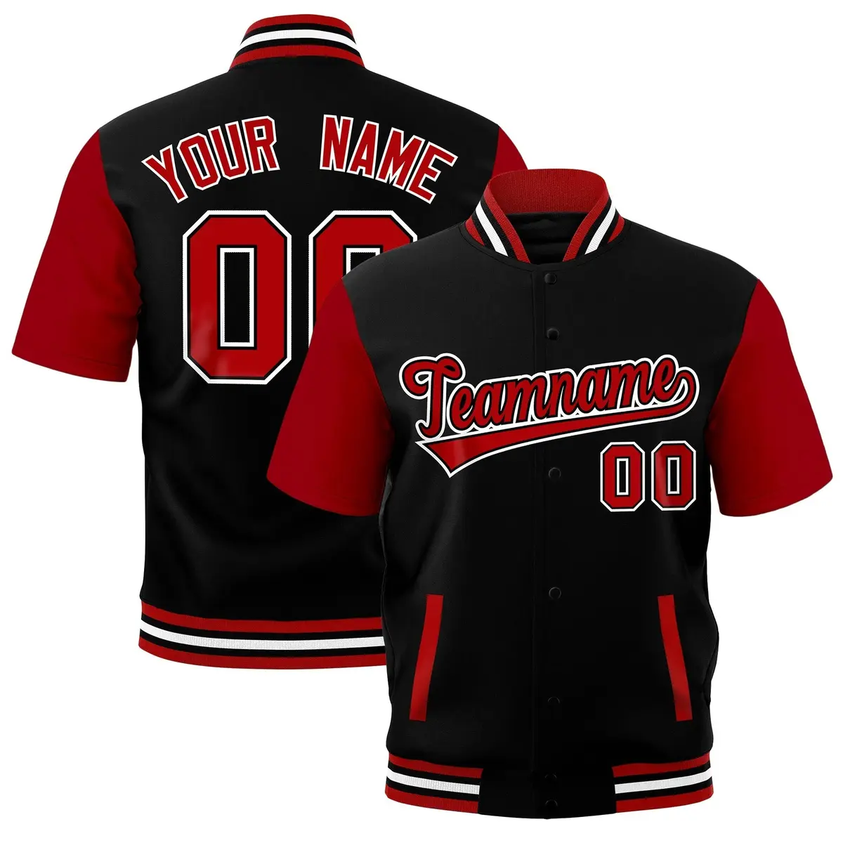 Red Black White Full-Snap Short Sleeve Varsity Jacket