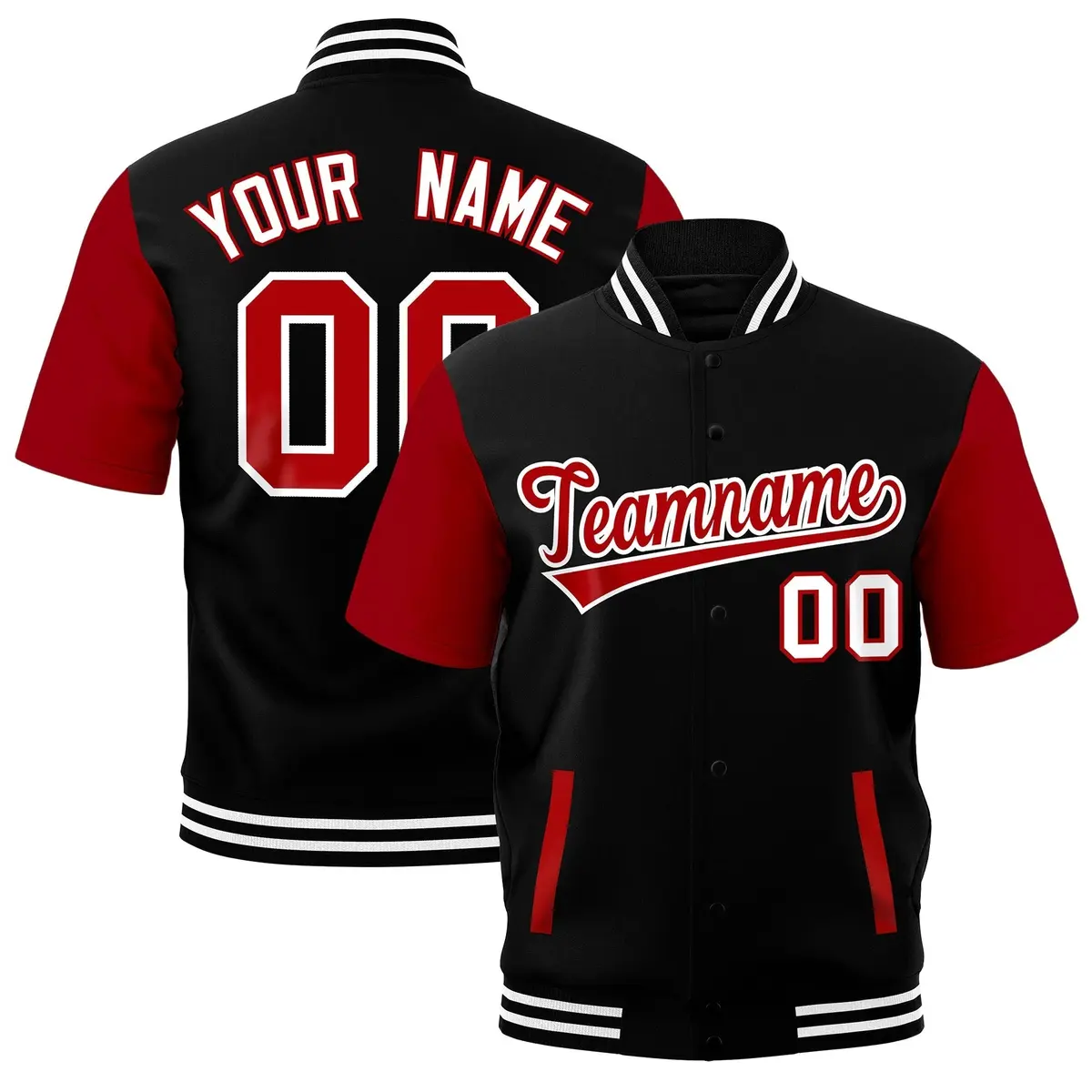 Red Black White Full-Snap Short Sleeve Varsity Jacket