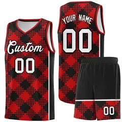 Red Black-White Grid Basketball Kits For Team
