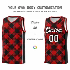 Red Black-White Grid Basketball Kits For Team 3