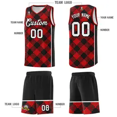 Red Black-White Grid Basketball Kits For Team 5