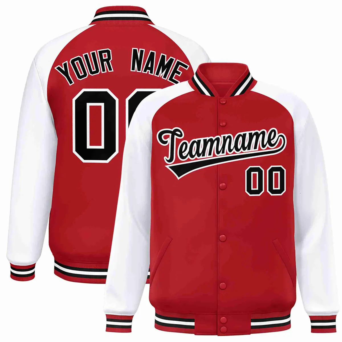 Red Black-White Raglan Full-Snap Varsity Letterman Jacket