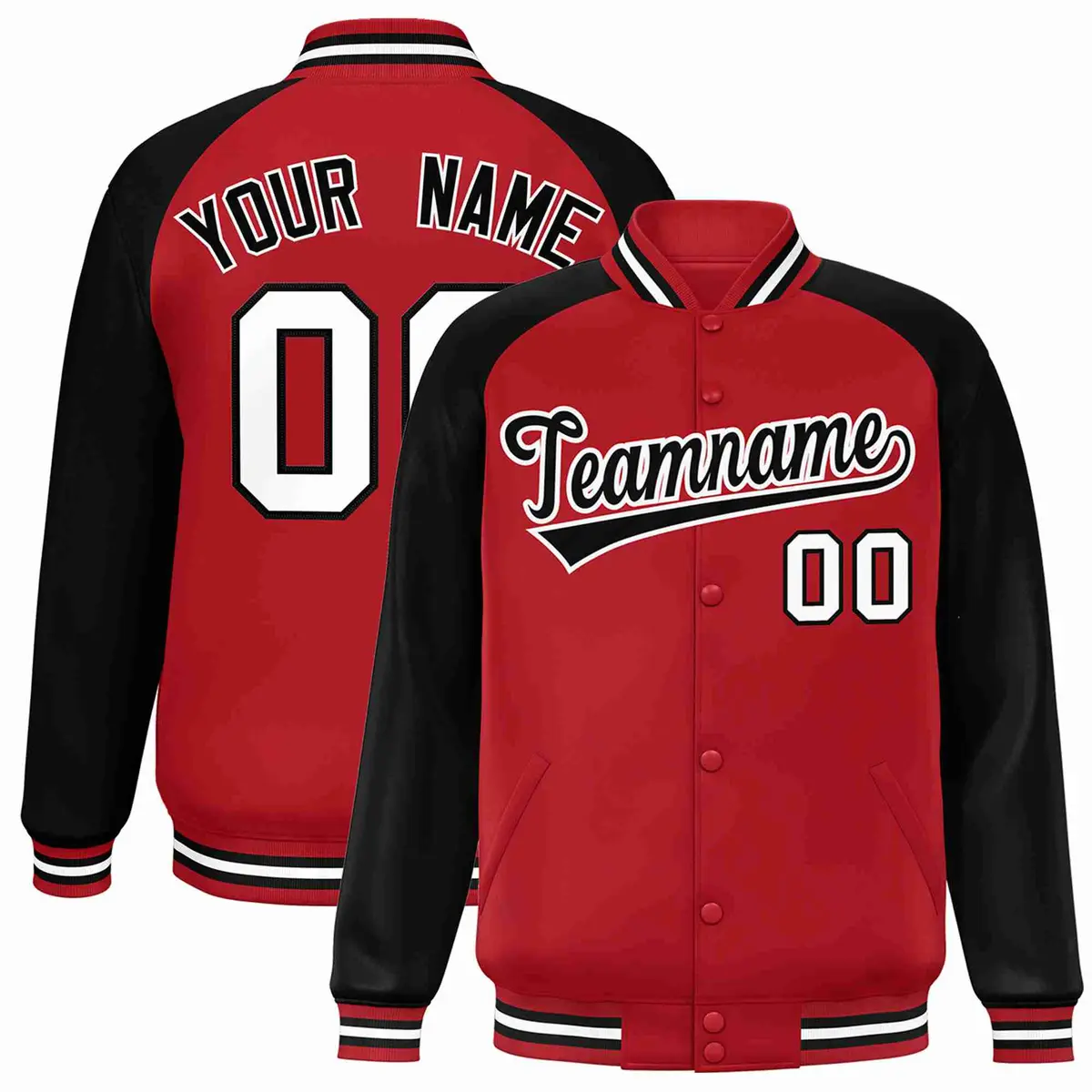 Red Black-White Raglan Full-Snap Varsity Letterman Jacket